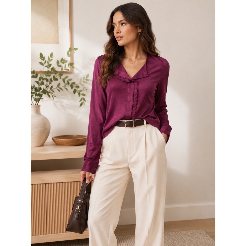 Chicos Faux Suede Ruffle Front Button Front Blouse, Long Sleeve Women's 0 (XS)